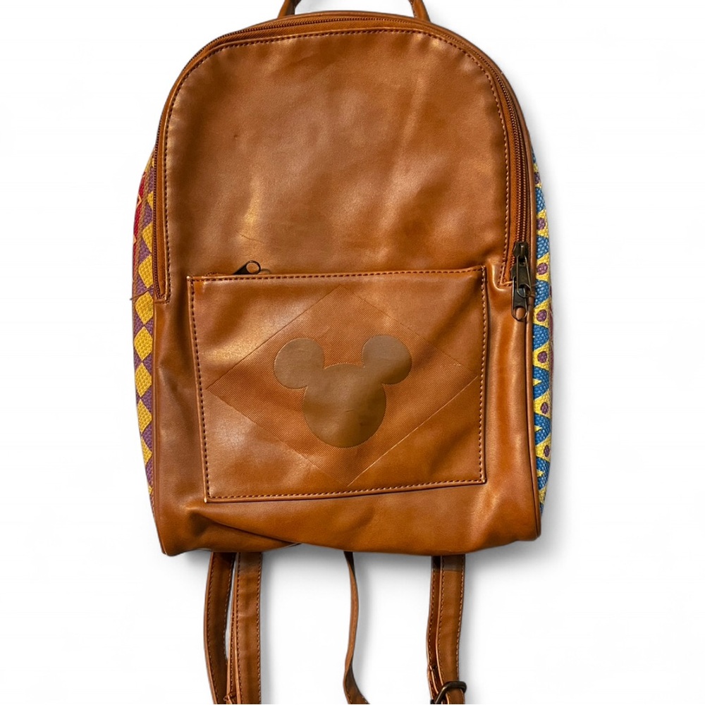 Disney Brown Faux Leather Backpack with multicolored pattern